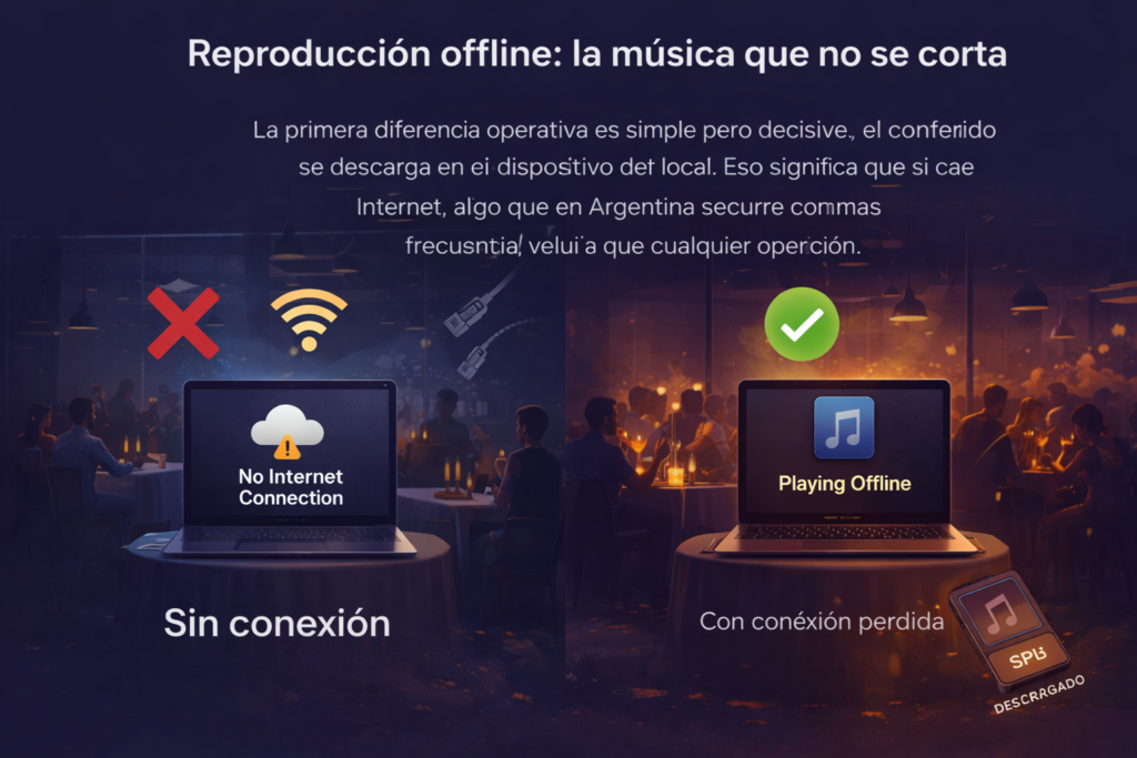 Reproducción offline: la música que no se corta

La primera diferencia operativa es simple pero decisiva: el contenido se descarga en el dispositivo del local. Eso significa que si cae internet, algo que en Argentina ocurre con más frecuencia de lo que cualquier operación necesita, la música sigue sonando sin interrupción. La experiencia del cliente no depende de la conectividad del local.

No es streaming permanente, es reproducción local con catálogo descargado, lo que elimina uno de los puntos de falla más comunes en la operación diaria de cualquier restaurante.